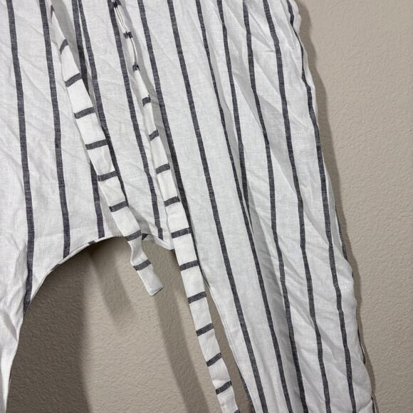 Lido World M/L Drawstring Stripe Paperbag Pants White Linen Straight Tie Waist - Picture 7 of 9